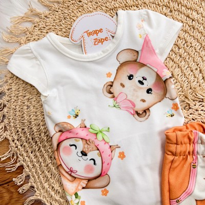 Conj. Body Ursinha e Raposinha com Short Laranja - Off White